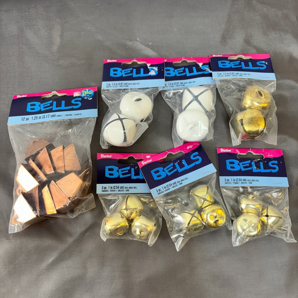 Bell Lot for Crafting New Copper Tone Cowbells+White & Gold Jingle Bells 7 Bags